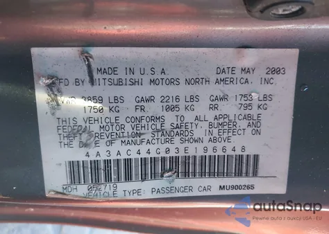 2003 Mitsubishi Eclipse Gs from USA, damaged, VIN 4A3AC44G03E196648